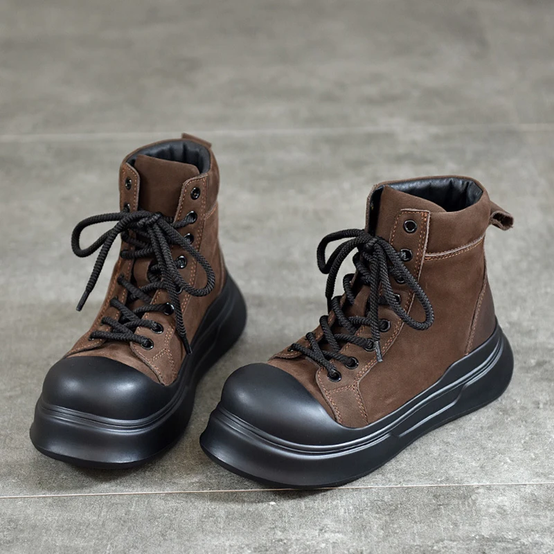 

fashion Versatile First-layer Cowhide Thick-soled Boots Women with Lace-up Casual Side Zipper Short Boots Single Leather Boots