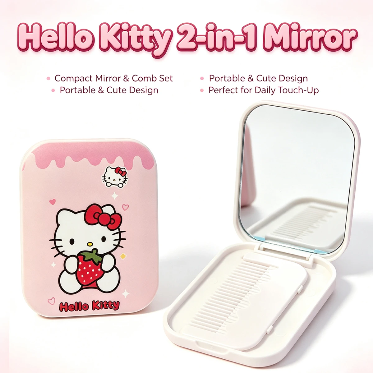 Hello Kitty 2 In 1 Compact Makeup Mirror With Comb Portable Foldable Pocket Mirror Cartoon Mini Travel Cosmetic MirrorGirls Gift