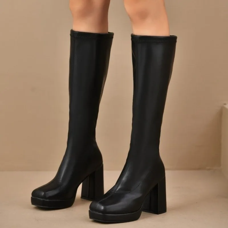 

Black Autumn Winter Platform Women Knee High Boots Fashion Slip on Shoes Concise Square High Heel Long Botas De Mujer