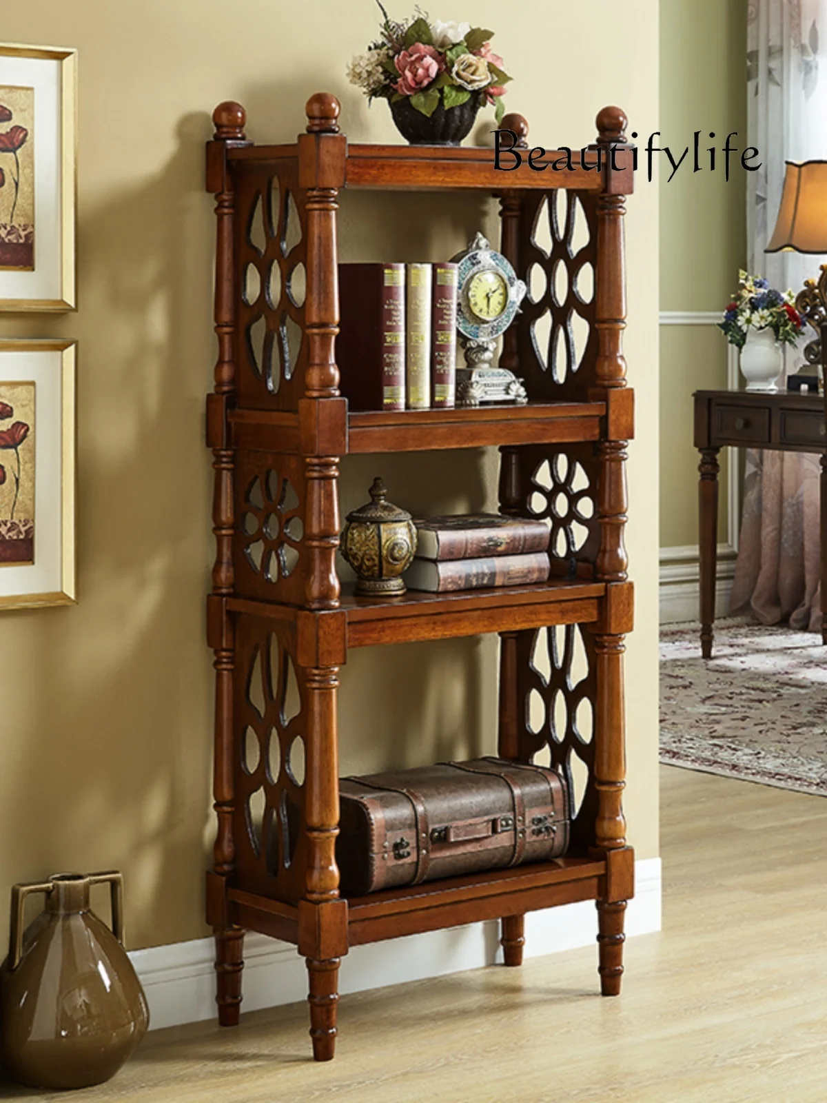 Solid Wood Shelf Bedroom European Bookshelf Cabinet Floor American Partition Storage Multi-Layer Flower Stand