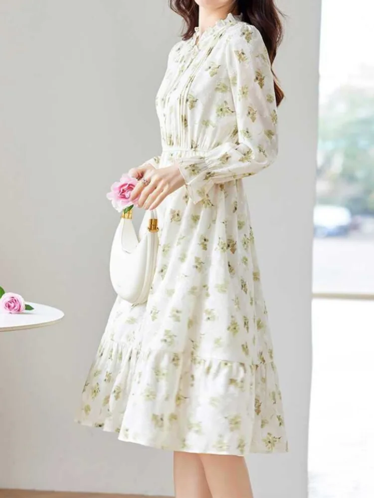 Vestido estampado floral com gravata e pescoço para mulheres, elegante, manga comprida, linha a, comprimento do joelho, primavera e outono, roupas chiques avançadas