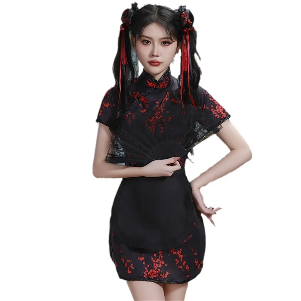 

Girl Chinese Little Chef Lolita Maid Apron Cheongsam Dress Set Women Cosplay Japanese Style Retro Sexy Two-piece Qipao Lingerie