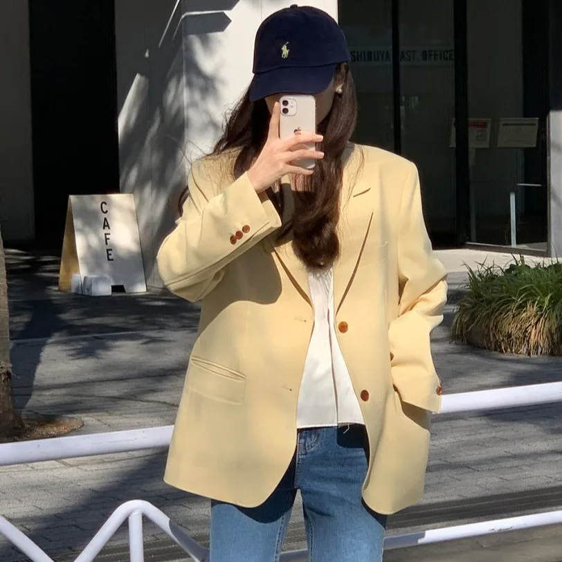 بدلة نسائية كورية أنيقة من Jaet باللون الأصفر الدافئ بزر واحد فضفاض غير رسمي مناسب للتنقل ومتعدد الاستخدامات طويل Sve #4