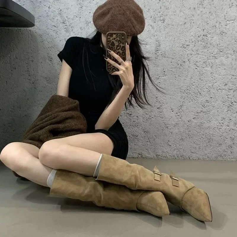 Women's Mid-calf Wedge Boots Shoes Spring and Autumn Women's Knee-Length Western Cowboy Boots Women's Footwear 5cm