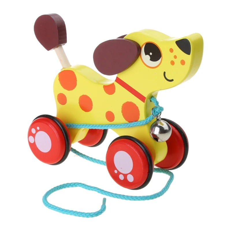 Coche tracción madera colorido para niños, juguete dibujos animados animales, carrito timbre W3JF