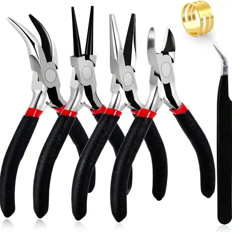 6PCS Professional Jewelry Pliers Kit Needle Nose/Round/Flush Cutter PlierswithTweezersDIYJewelry Making Tools for Craft & Repair