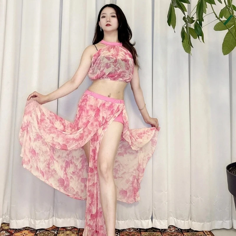 Belly Dance Suit Printing Mesh Top Short Sleeves Split Skirt Practice Clothes Set Female Elegant Performance Clothing Summer