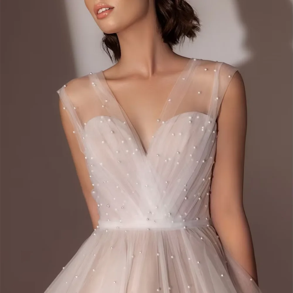 Elegant Customized Prom Dresses Tulle Beading Tank Evening Dress A Line V Neck Party Gowns Mid-calf Length Vestidos