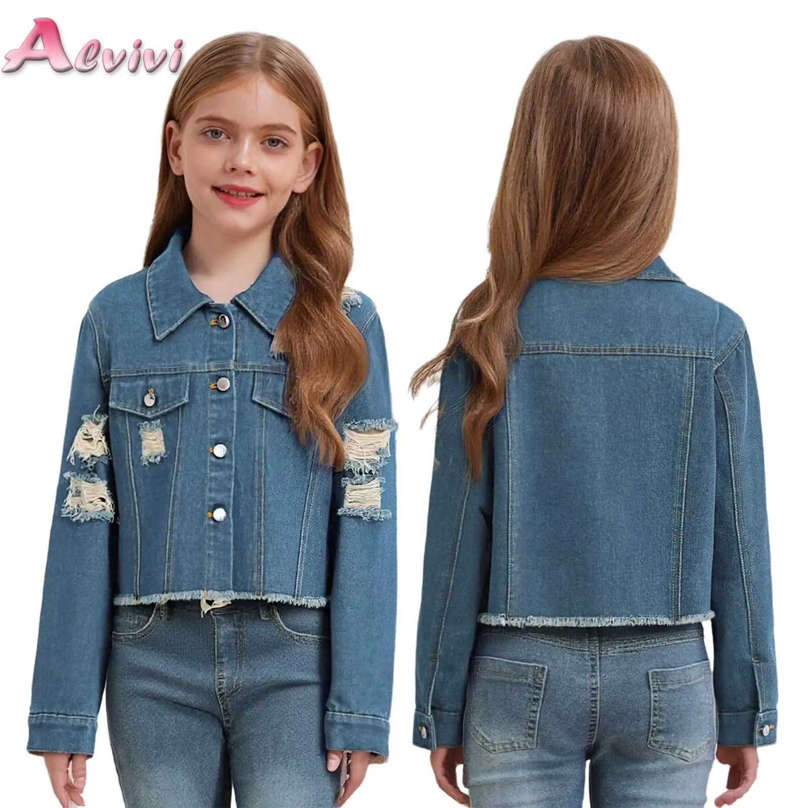 

Kids Girls Raw Hem Ripped Denim Jacket Fashion Long Sleeve Button Coat Outerwear Teenager Spring Autumn Outerwear Streetwear