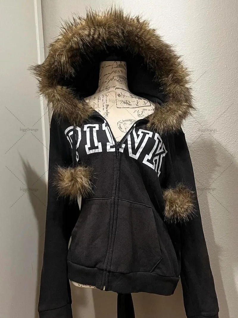 Harajuku Y2K Streetwear Jacket High Street Retro Fur Collar Zipper Hoodie Women Gothic Punk Letter Print Oversized Sweatshirt