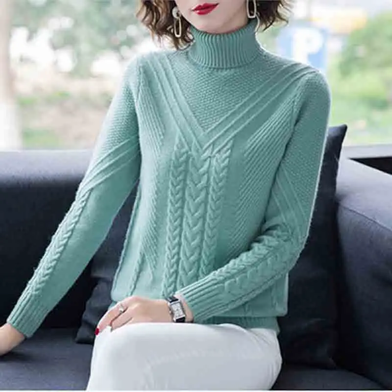 Knitted Casual Sweater Women's Autumn And Winter Warm Temperament Loose Turtleneck Knitted Pullover Sweater Bottoming ShirtLady