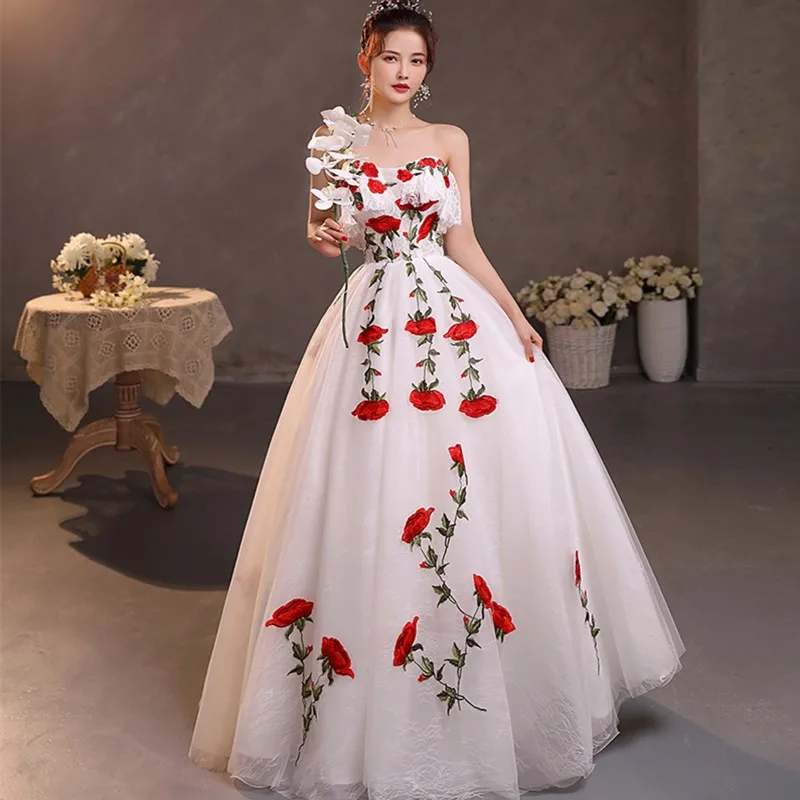 New Strapless Quinceanera Dresses Red Rose Floral Lace Prom Dress Sexy Backless Sleeveless Vestidos CustomMade Suknia Customized