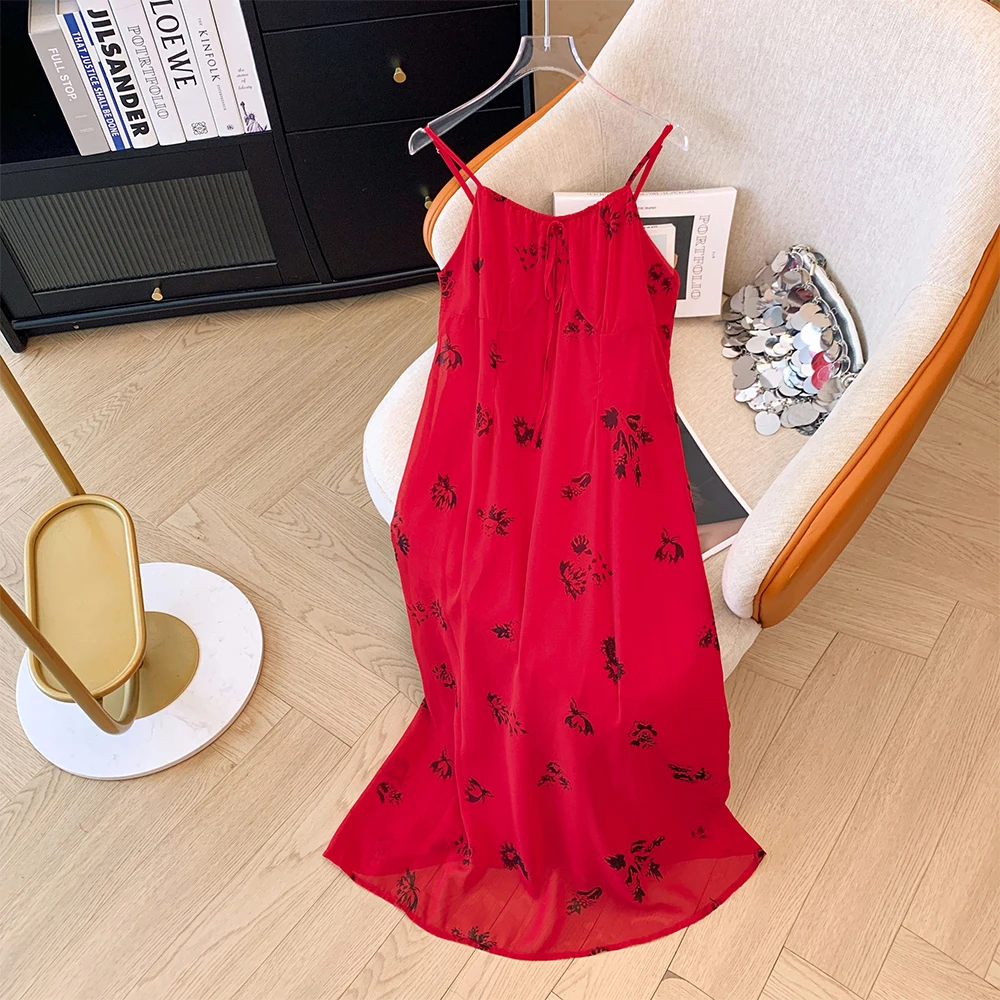 Plus-size women's Summer Casual Commute Loose comfortable chiffon dress Fairy style red print halter with lined long skirt large