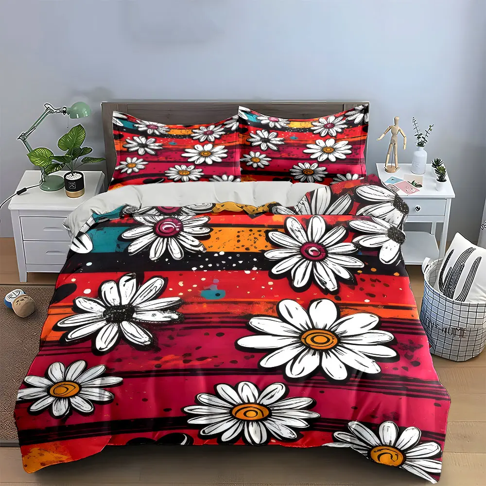 Graffiti Stripe White Daisy Paint Splash Duvet Cover Set, Retro Pop Art Bedding Includes 1 Duvet Cover And 2 Pillowcase, Gift