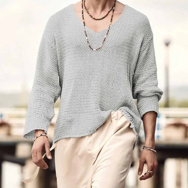 Spring Men's Clothing V Neck Long Sleeve Loose Fit Casual Wear Sweater Male Vintage Cotton Polyester Blend Knit Top For Men