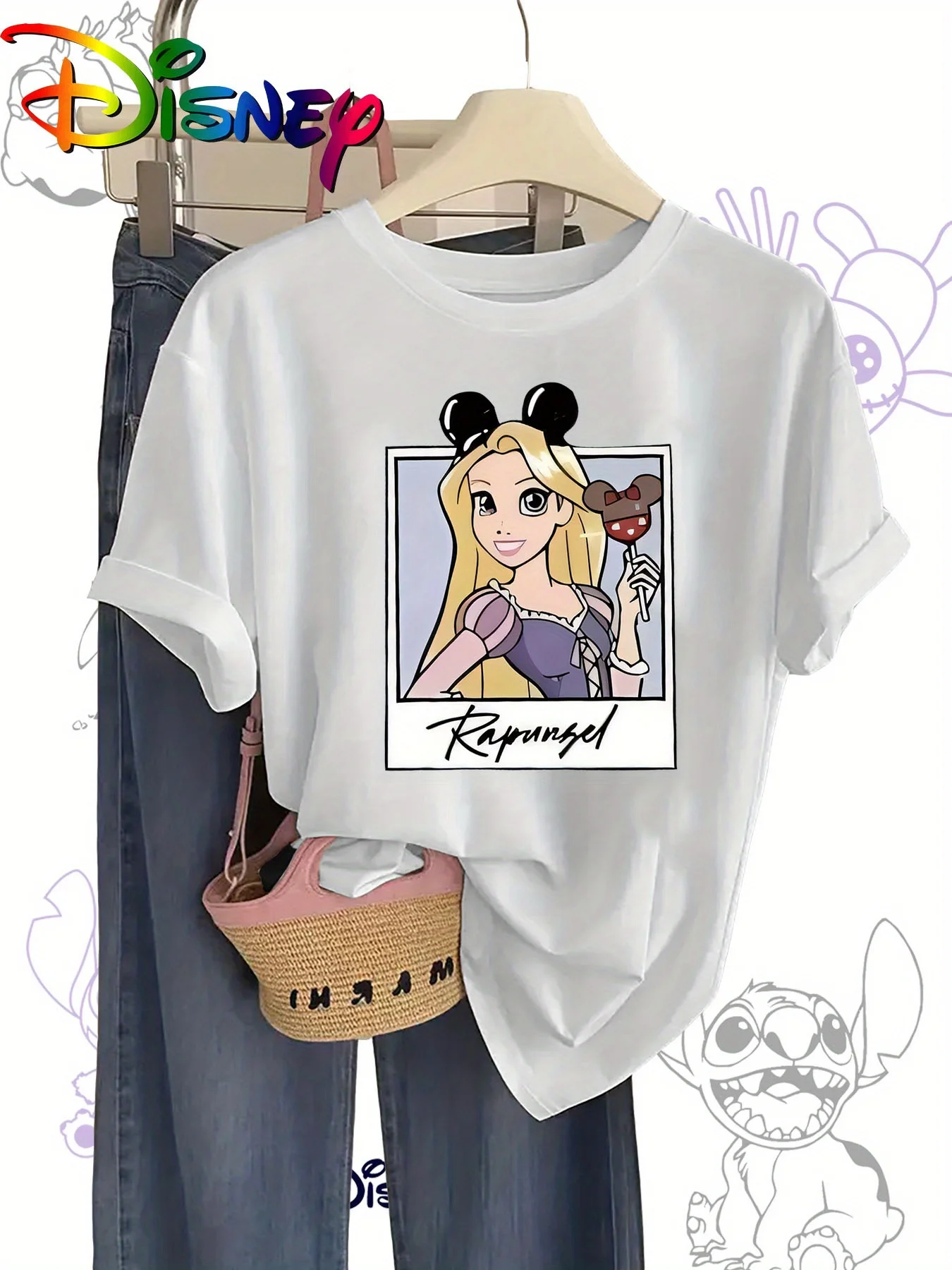 

2025 Женская повседневная удобная уникальная черная футболка с круглым вырезом и короткими рукавами с принтом Disney с уникальным улыбающимся лицом