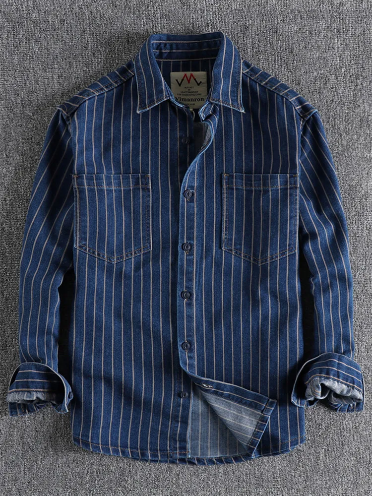 2023 Spring New American Retro Denim Cargo Striped Shirt Men\'s Fashion Pure Cotton Washed Casual Loose Yonth Blouses Thin Jacket