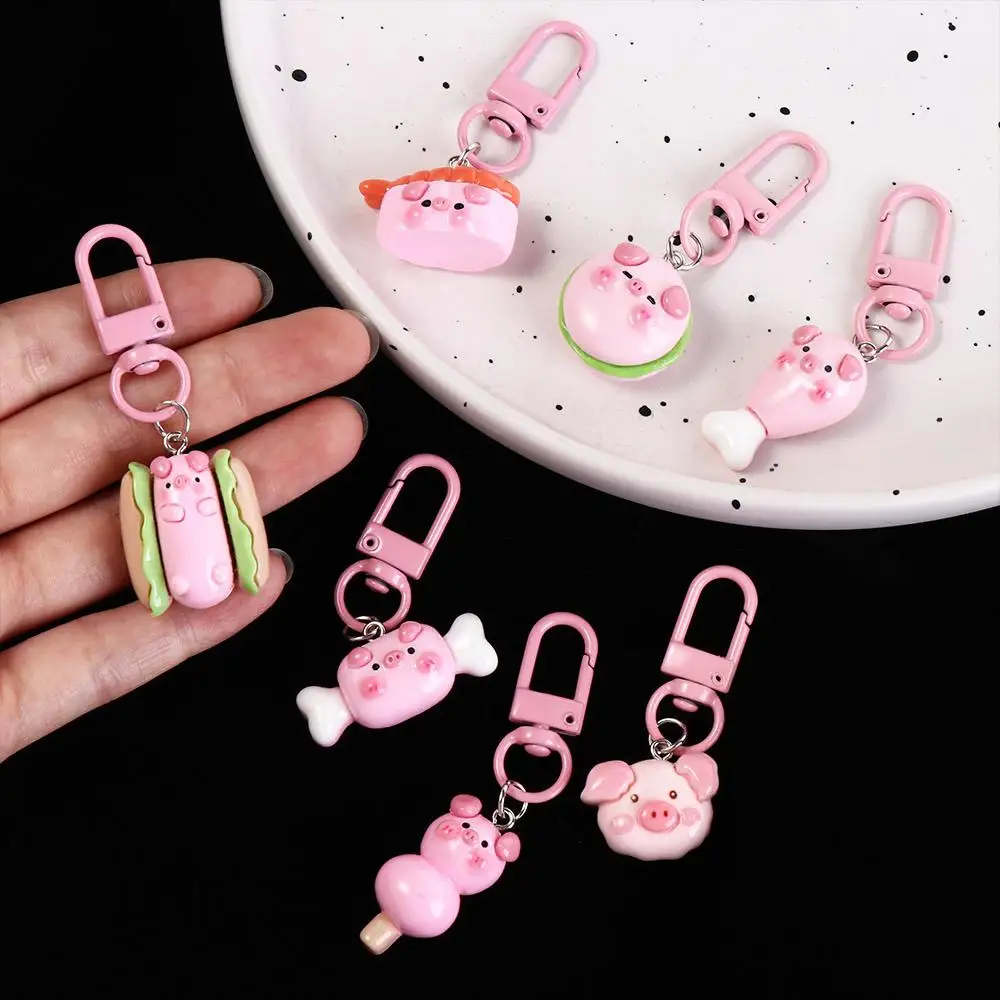 Gourmet Pink Pig Metal Keychain Resin Pink Pig Hamburger Pig Animal Keyring Elegant Cute Pig Food Keychain Mobile Pendant