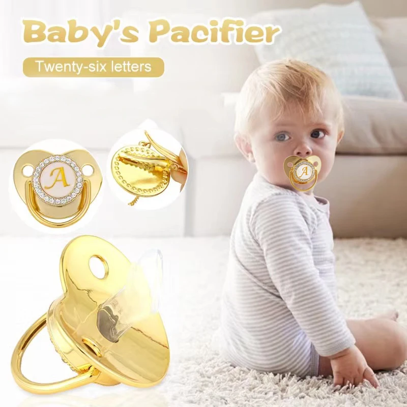 26 Alphabet Pacifier BPA Free Baby Silicone Pacifier with Gold Diamonds Pacifier with Pacifier Chain with Dust Cover Gift