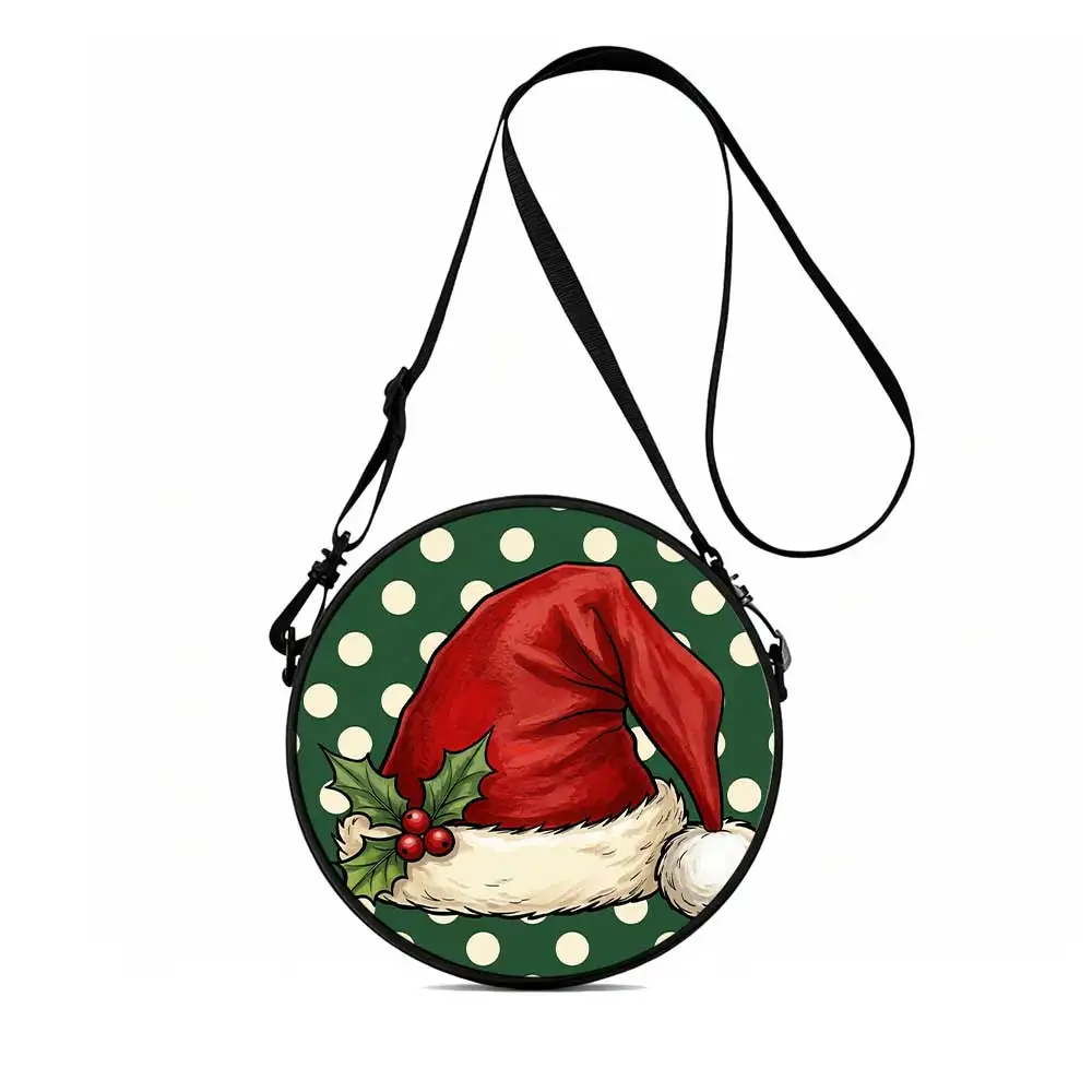 Santa hat with holly berries Print Round Women Shoulder Bag, leisure crossbody purse, 2D, retractable strap, practical gift