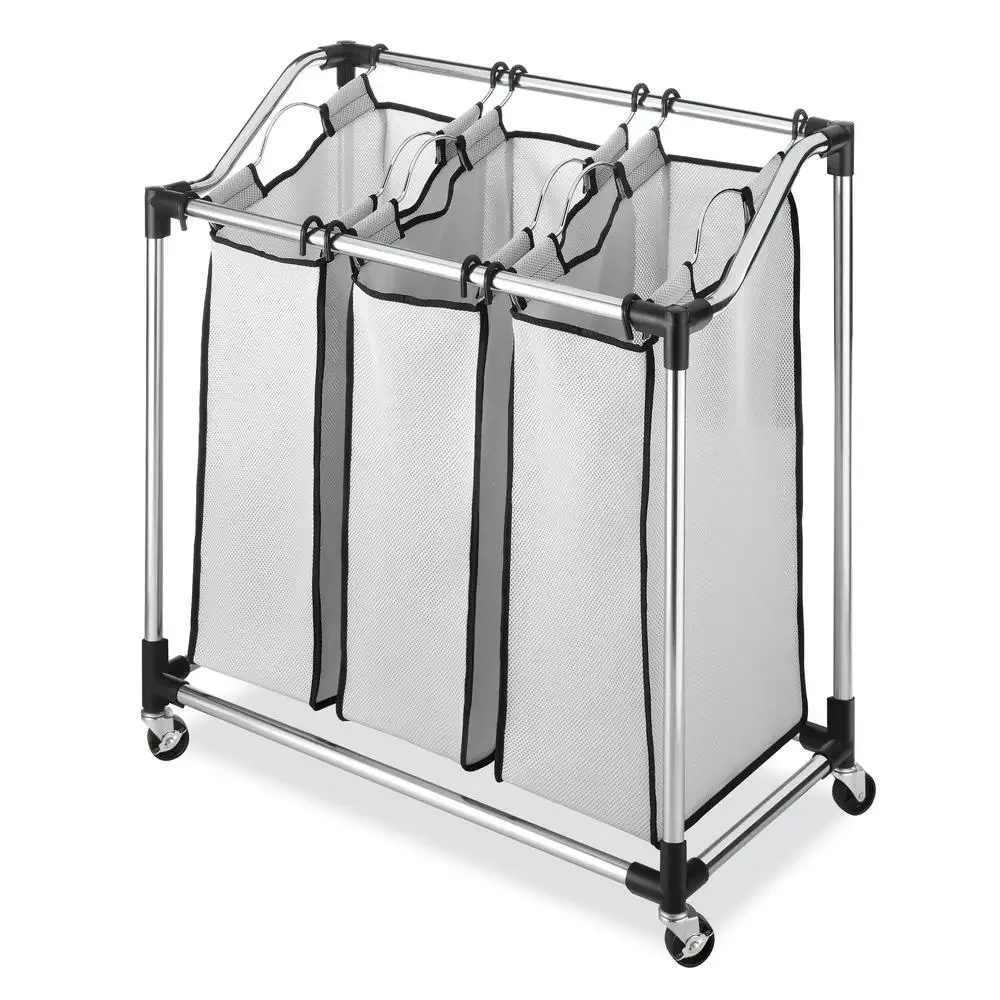 Metal Rolling Laundry Sorter Organizer with Removable Bags Chrome Gray Easy Assembly Sturdy Wheels 3-Section Clothes Sorting