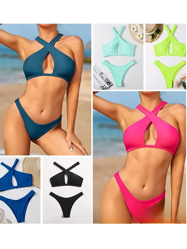

Двухсекционное бикини чистого цвета с перекрестными ремешками, сексуальный купальник со средней талией, материал из полиэстера, товары для спорта/йоги/фитнеса/фанатов
