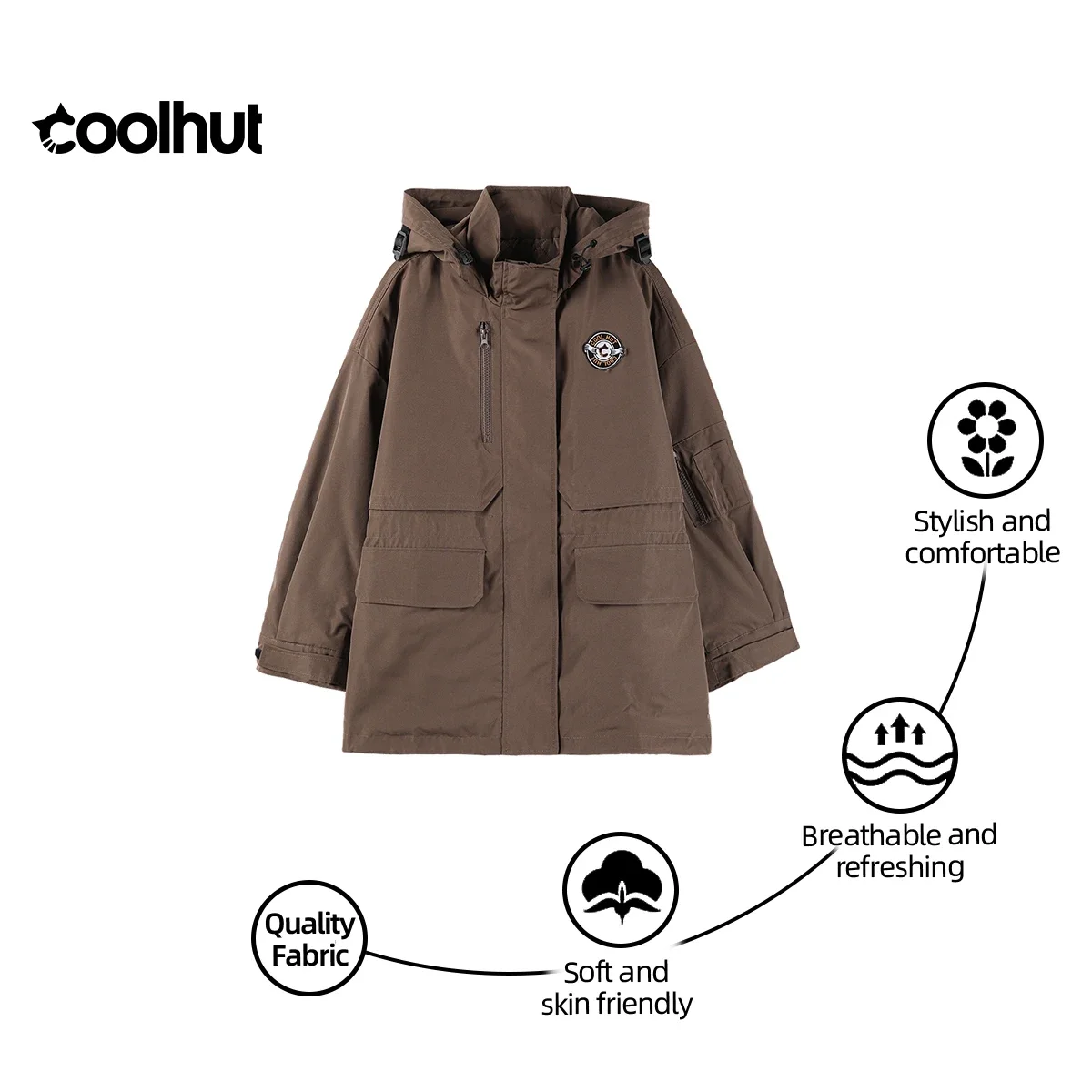 

COOLHUT женский винтажный универсальный плащ американский длинный с капюшоном и вышивкой дизайн весенняя свободная повседневная уличная куртка