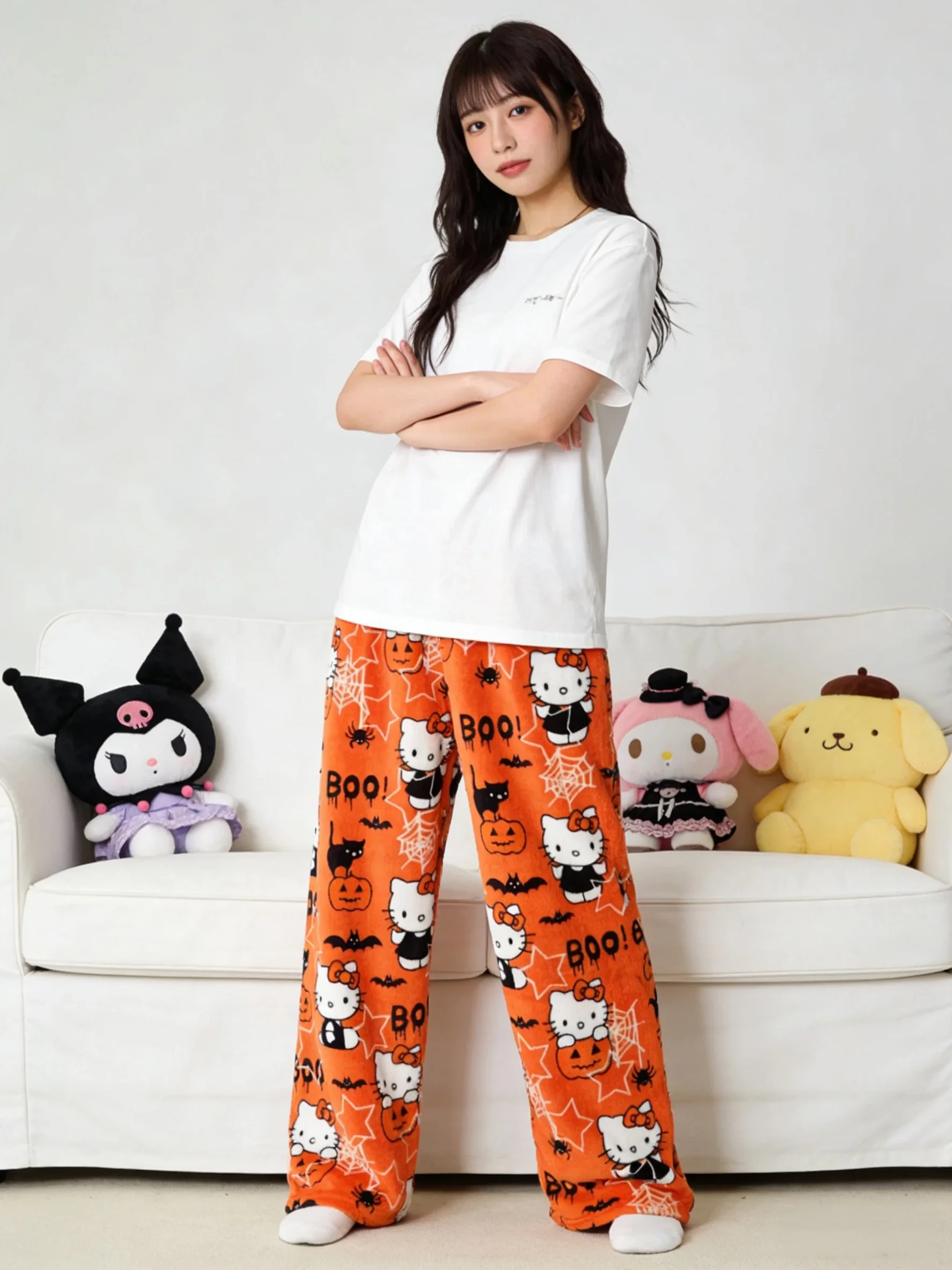 

Hello Kitty Flannel Sleep Pants, Orange Warm Long Pants, Stylish Strolling Pants for Parties! Ideal Holiday Gift!