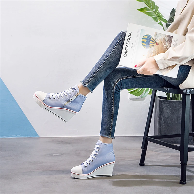 Spring and autumn new high -top bandage high -heeled canvas shoes loose bottom slopes thick leisure large size women's shoes