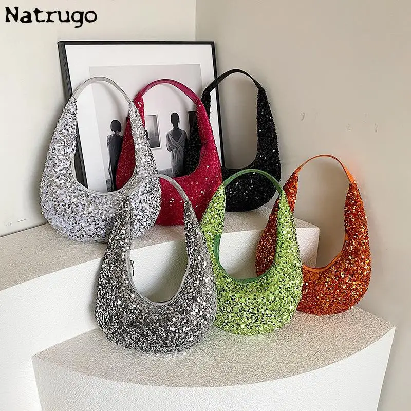 Sequin Crescent Pouch Underarm Bags For Women 2023 Luxury Designer Korean Fashion Party Handbags Trend Shoulder Bag