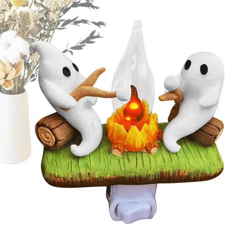 Ghost Nightlight Campfire Flicker Flame Night Lamps Plug-in Wall Faux Bonfire Halloween Night Lamps For Home Decor