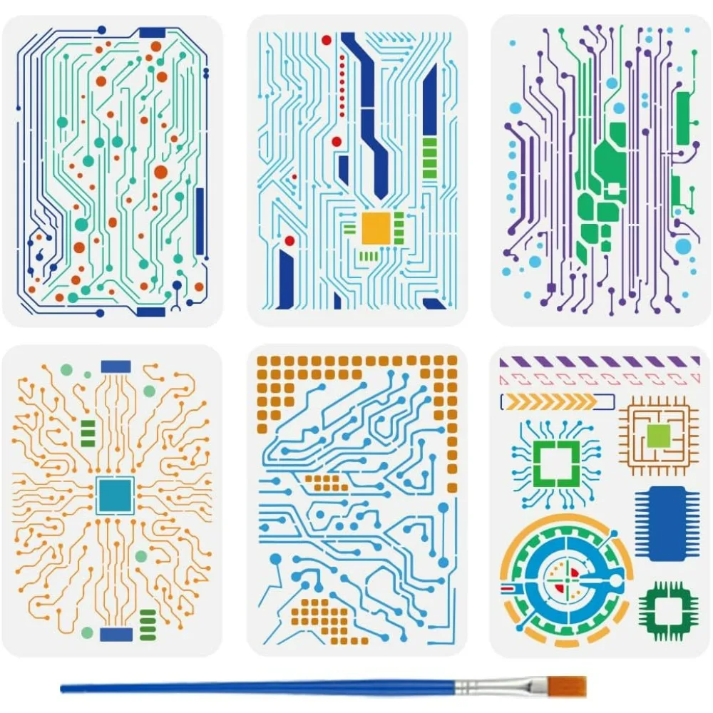 Pochoirs de circuits imprimés avec pinceau, 8.3x11.7 pouces, modèles de diagramme de Circuit, médias mixtes réutilisables, croquis électronique, 6 pièces