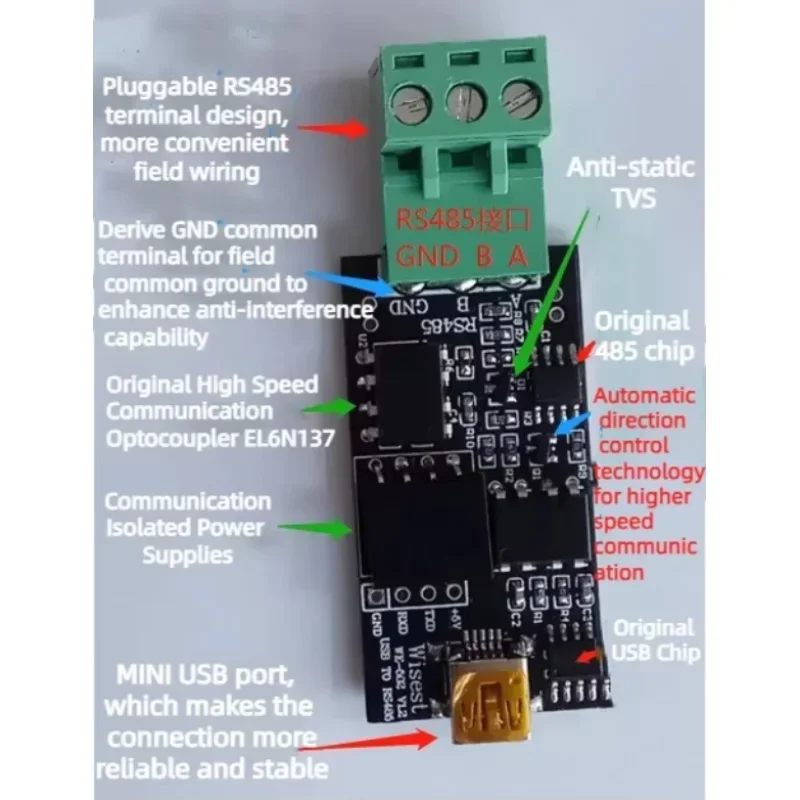 High-speed Isolated USB to RS485 Serial Line Industrial Grade 485 Converter with TVS Protection RS485 to USB