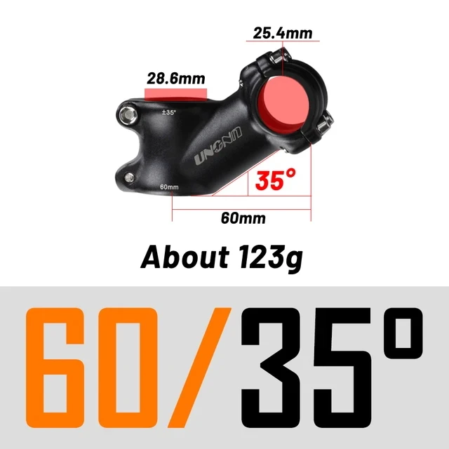 UNO Fahrrad Vorbau Ultraleicht 7/17/35 Grad 28,6x25,4 MM 60-130 MM MTB Road Vorbau Fahrrad für Gabel Berg MTB Fahrrad Kalloy Schwarz Splitter