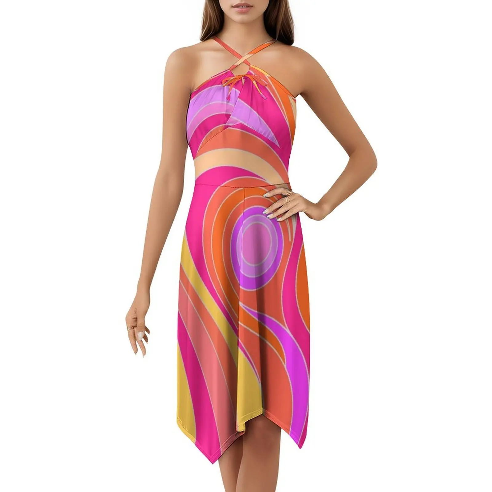 Rosa abstrato psicodélico retro design querida decote vestido elegante vestido de festa de verão para mulheres hippie flor vetor