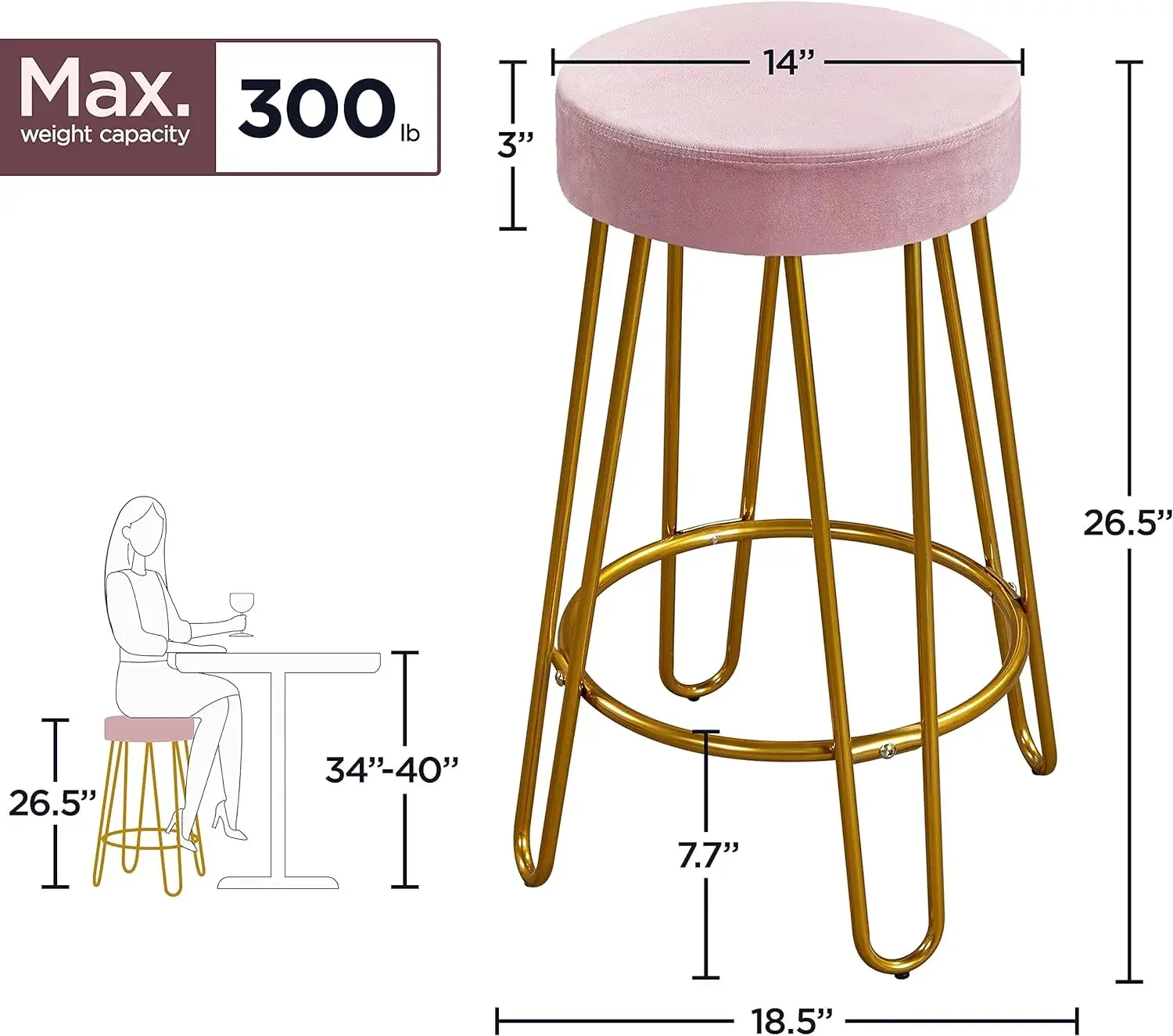 2 Stück Home Barhocker, gepolsterter Samt, runder rückenfreier Sitz mit goldenen Beinen, Küchenhocker, moderne Frühstücks-Esshocker