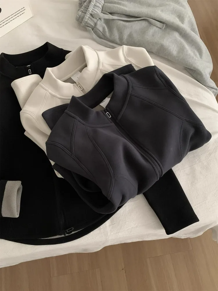 Women's Winter Warm Sweatshirt Jacket Thickened Zipper Stand Collar Slimming Korean Style Long Sleeve Commute Style Top