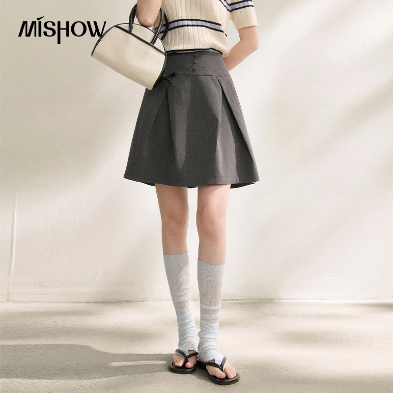 

Женская плиссированная короткая юбка MISHOW с высокой талией, серая, летняя коллекция 2026, ретро, элегантная, с эластичной резинкой сзади, приталенная, А-силуэт, MXF14B2478