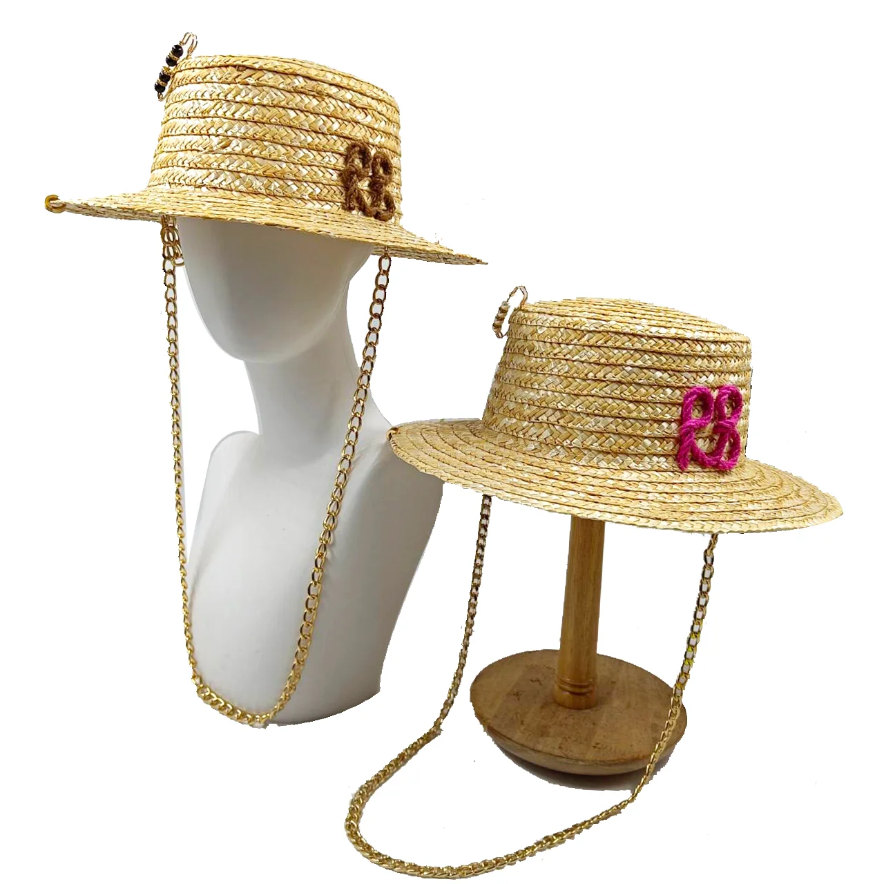 2024 neue Sommer Strohhut Frauen Kette Dekoration handgemachte kunden spezifische Buchstaben Urlaub Sonnenhut Punk-Stil Gorras Para Mujer