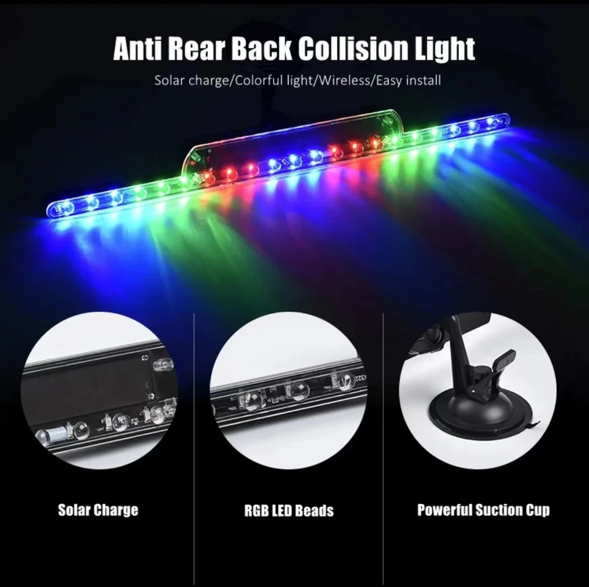 Solar Charge Wireless RGB LED Bar for Car Decor Anti Rear-End Collision 21 Ultra Bright Beads Windshield Colorful Warning Light