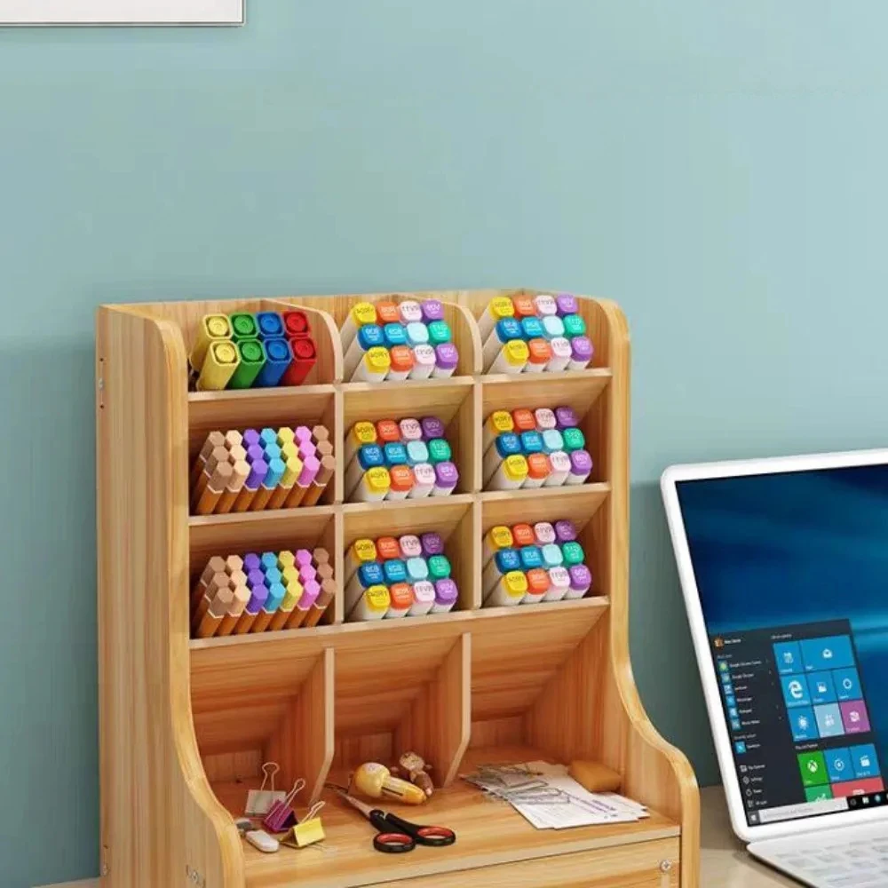 1pc Wooden Desk Organizer Multi-Functional DIY Pen Holder Storage Box Desktop Stationary Storage Rack for Home Office and School