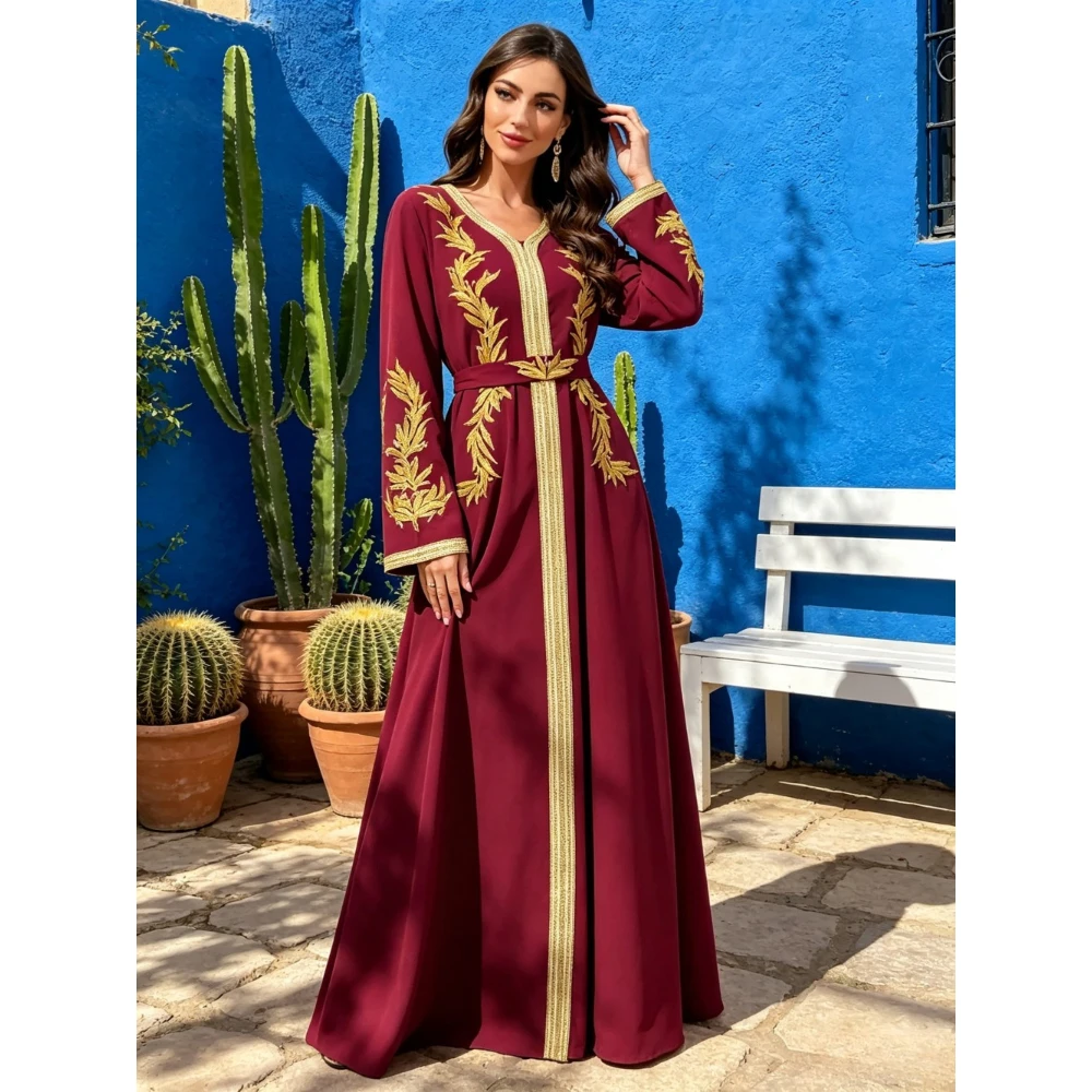 Customized Burgundy V-neck Kaftan Long Dresses 2026 with Gold Pattern Belt Elegant Muslim Evening Gown Suitable for Ceremonies