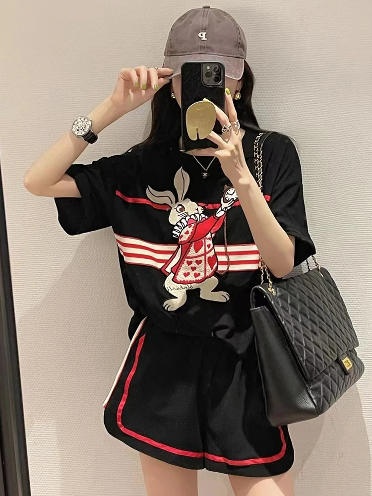 Summer Vintage Embroidered T-Shirts And Shorts conjunto feminino shorts e blusa 2023 Loose Cartoon Tops Two Piece Set For Women