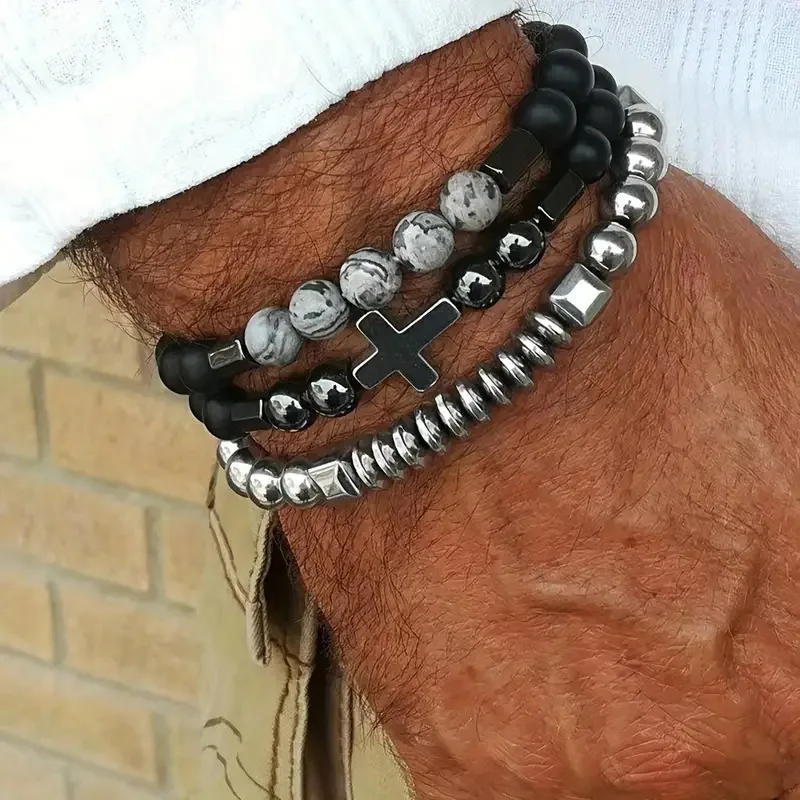 Fashion Personalized Cross Black Gallstone Men's Bracelet Vintage Nature Stone Elastic Three Set Combination Gifts
