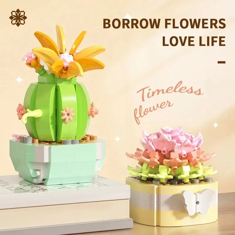 Succulent Potted Plant Building Blocks Romantic Flower Bonsai Assembly Model Bricks Desktop Decoration Kids Toys Holiday Gifts