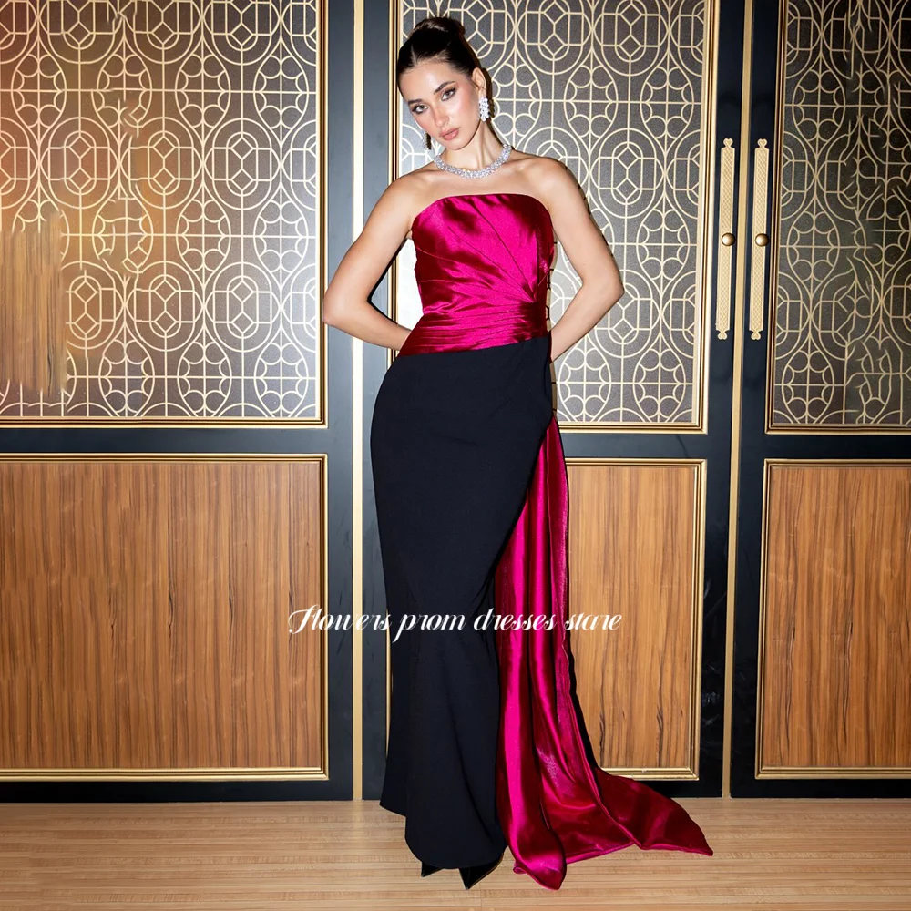 

Flowers Mermaid Evening Dress Strapless Party Dress Satin Two Colors Prom Dress for Arabic Women فساتين مناسبة رسمية Customized