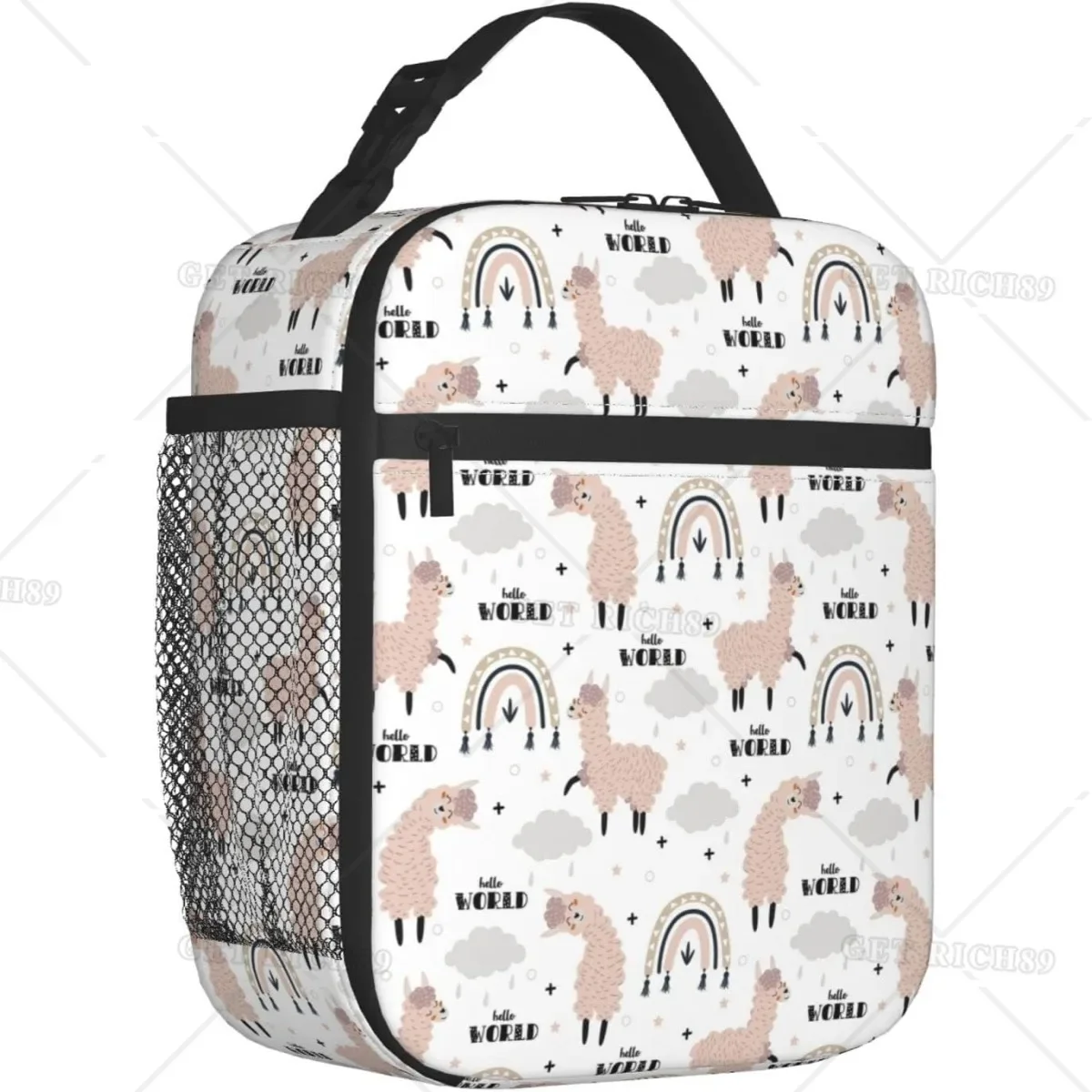 Cute Alpaca Llama Rainbow Cloud Hello World Lunch Bag Insulated Lunch Box for Women Men Reusable Lunch Cooler Bag for Office