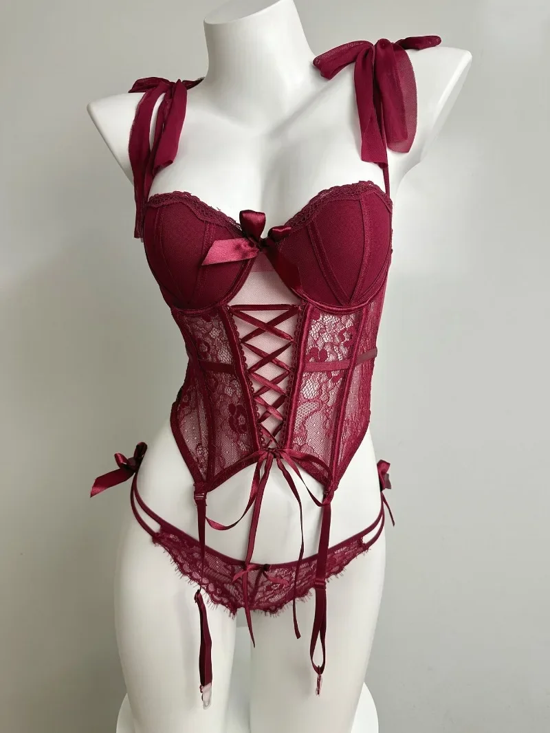 Vintage Corset Top and Panty Underwear Set Sexy Bustier Corset Lingerie  Temptation Lace Fishbone Bra Body Shaping Vest Red Black