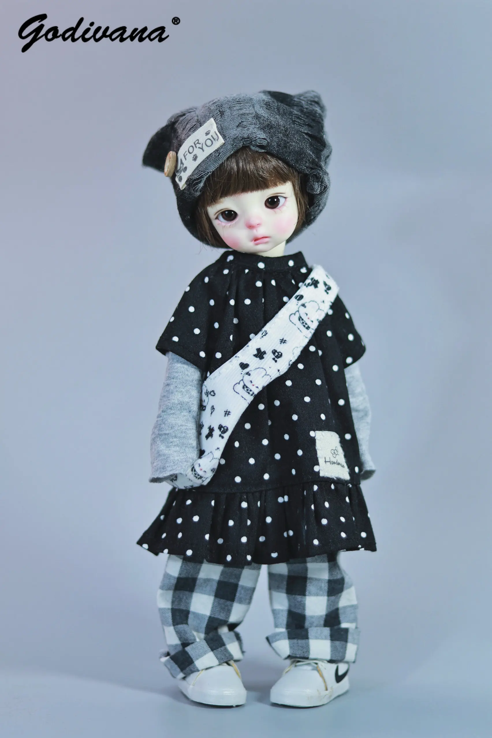 Small 1/6 Regular 1/6 BJD Doll Clothes Subculture Girly Casual Suit Polka Dot Ruffle Trim Long Top with Plaid Pants and Hat Sock