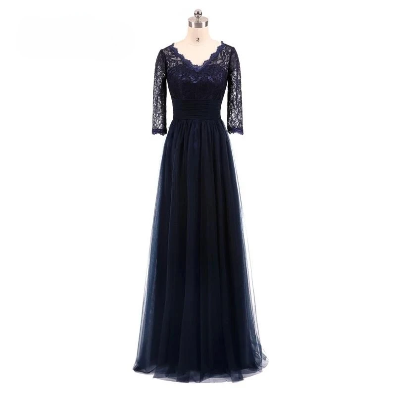 

Customized Evening Dress Navy Blue Lace V-neck Half Sleeves A-line Zipper Floor length Plus size Woman Party Formal Gown 2506